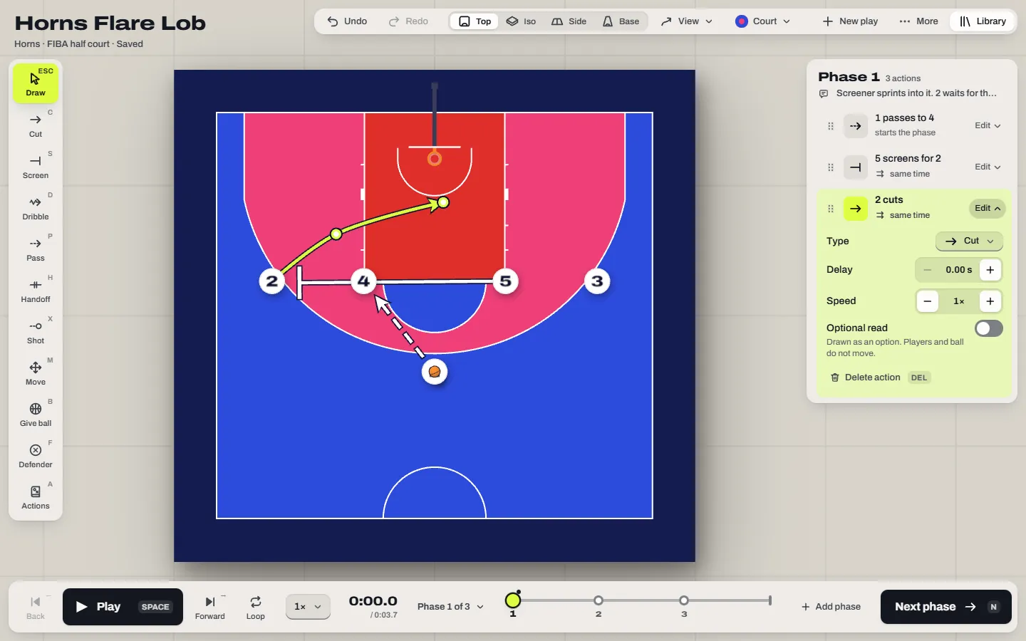 The editor: a Horns set on a painted court, a selected cut in yellow, and the action list for phase 1 on the right.