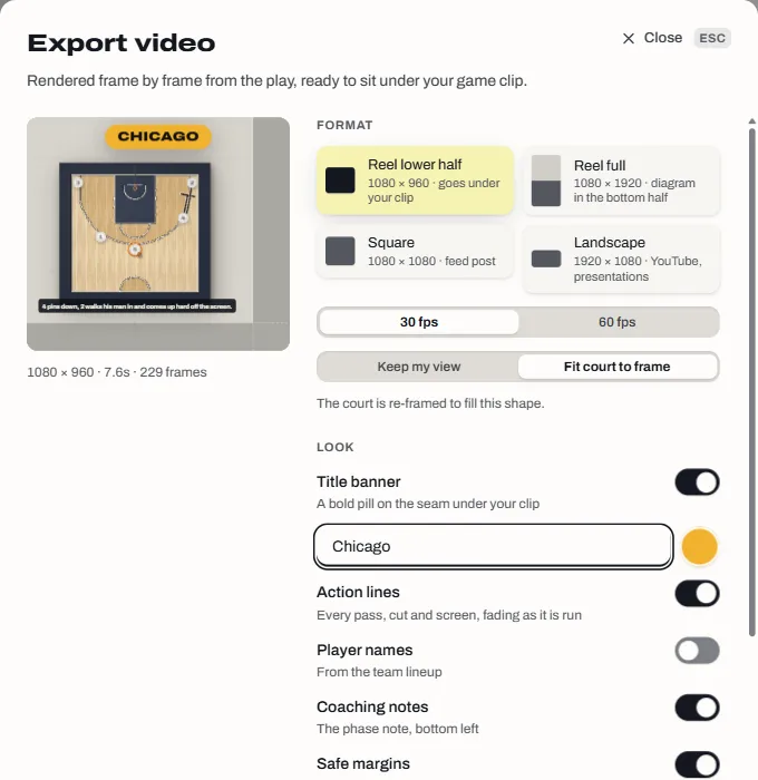 The Export video dialog with its four formats: reel lower half, reel full, square and landscape.