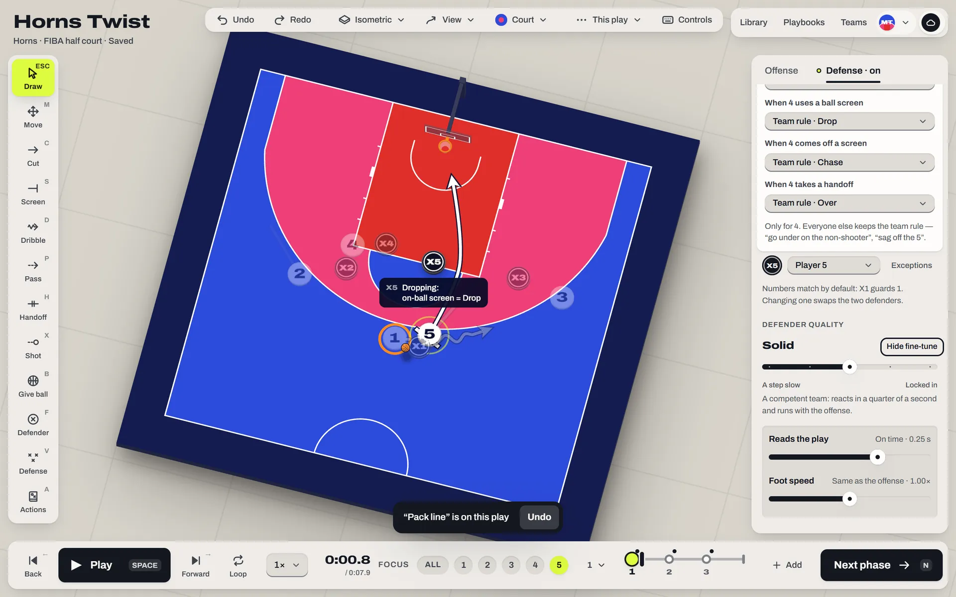 The editor in isometric view with the defense on and one player in focus.